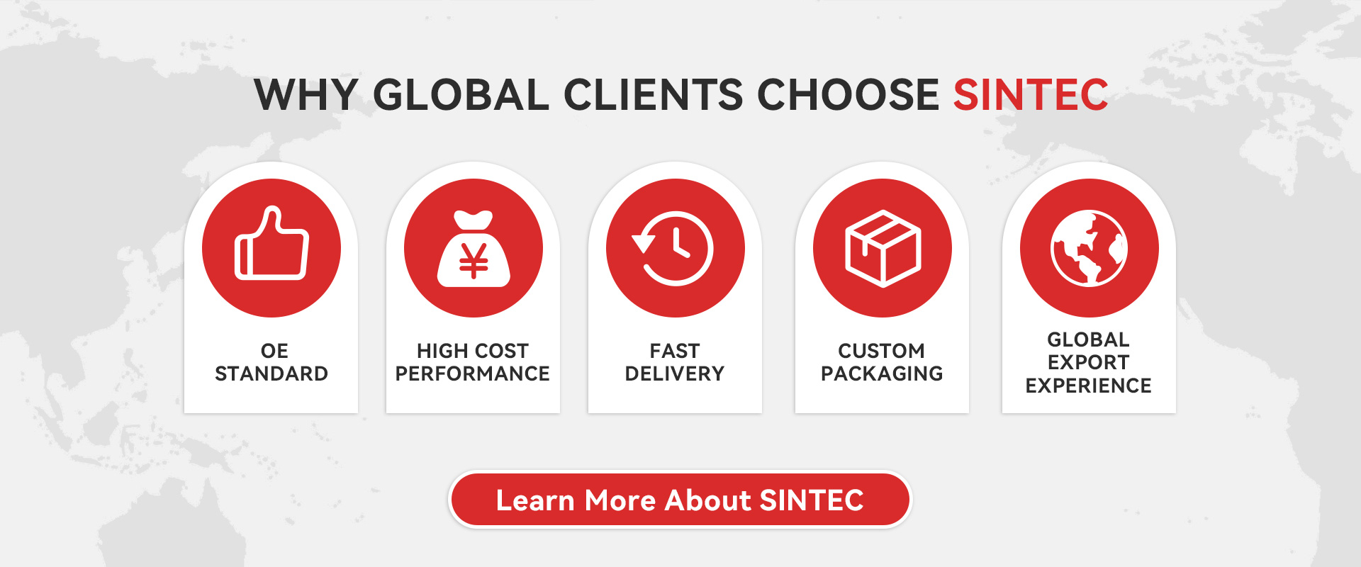 OE-standard quality, high cost performance, fast delivery, custom packaging, and proven export experience across 50+ countries. SINTEC empowers your auto parts business.